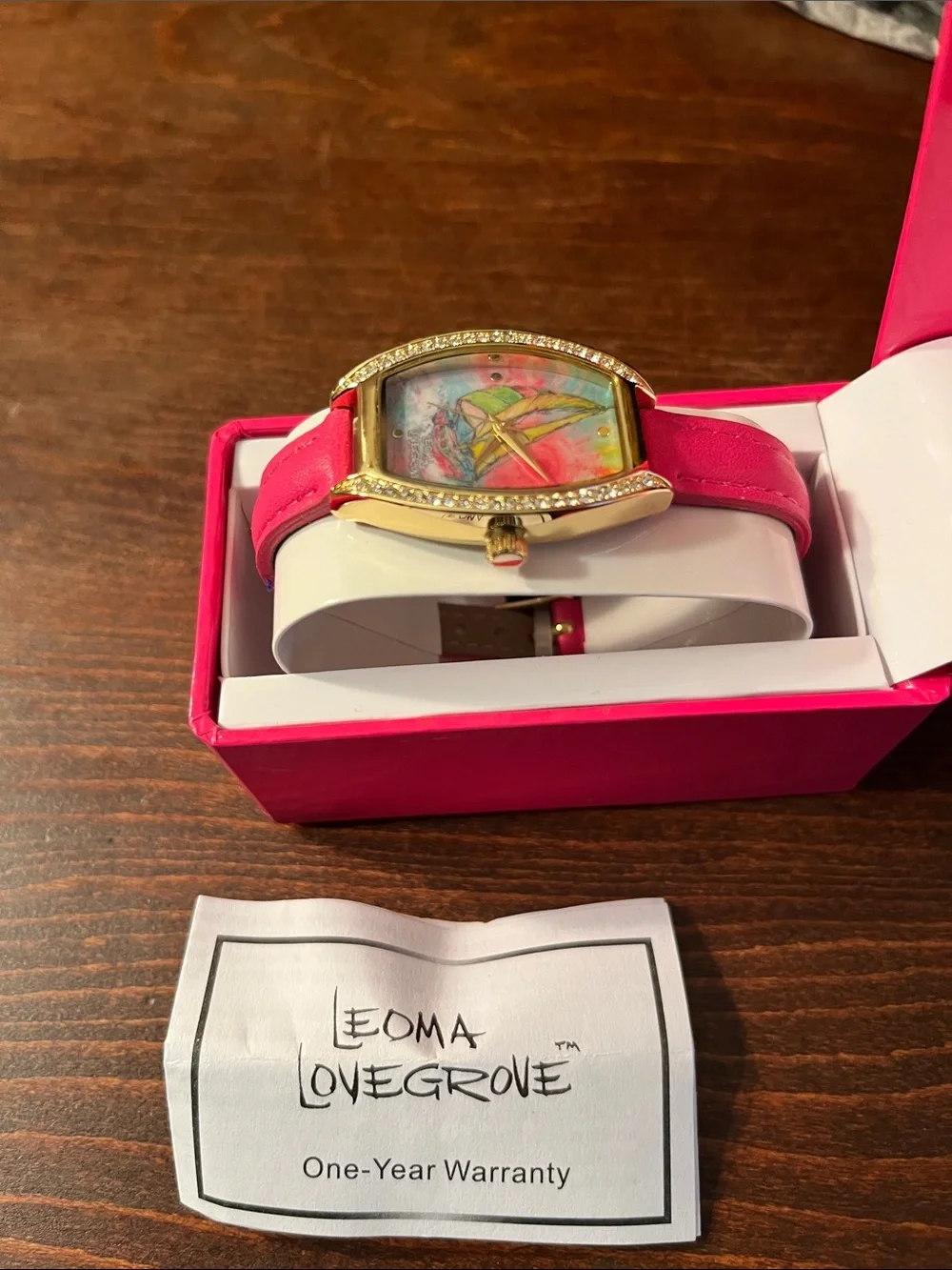 Lovegrove Pink Leather Strap Watch with Gold-Tone Crystal with Case NWOT